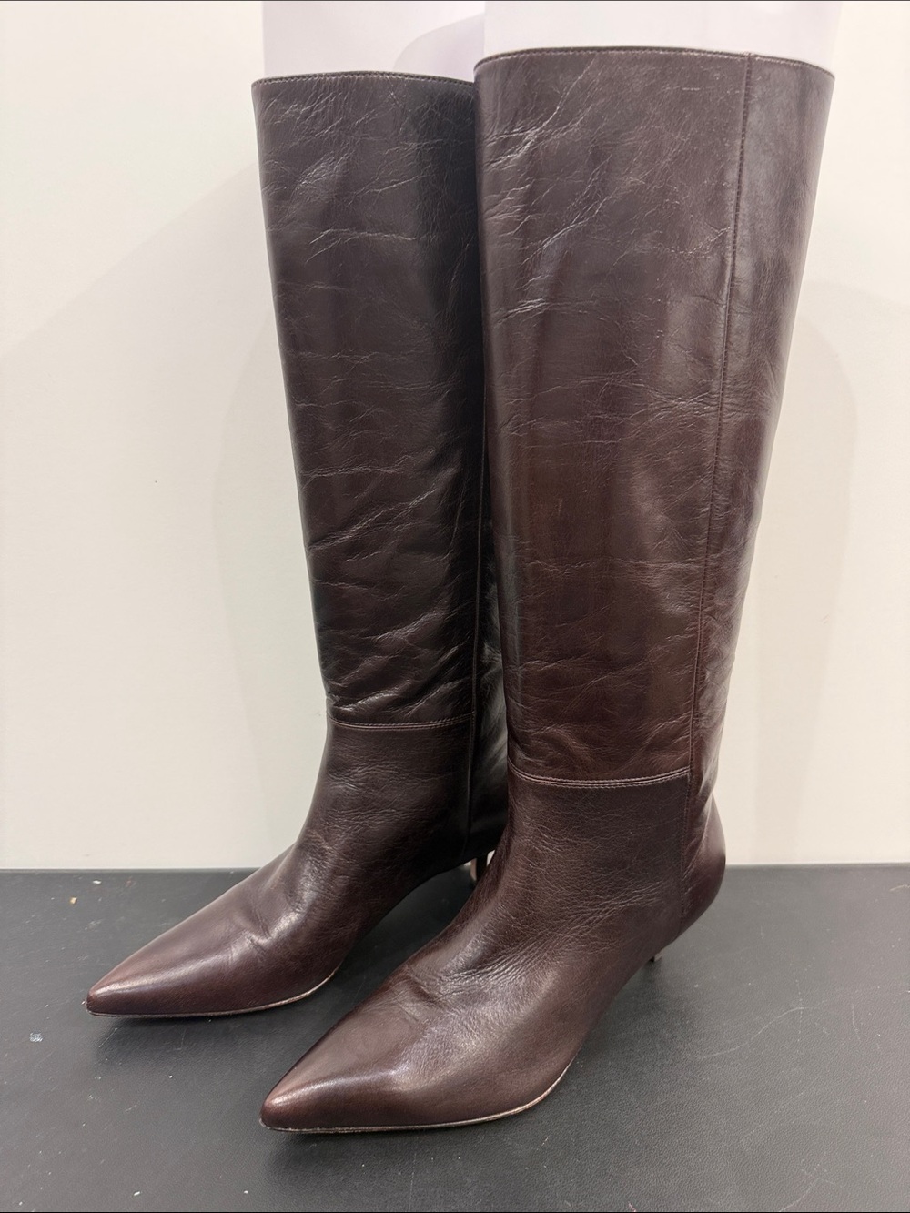 Veronica Beard LISA 45 Tall Raisin Color Knee-High Pointed Toe Leather Boots